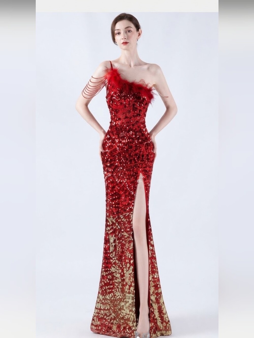 Red and Gold Sequin One Shoulder Slit Gown